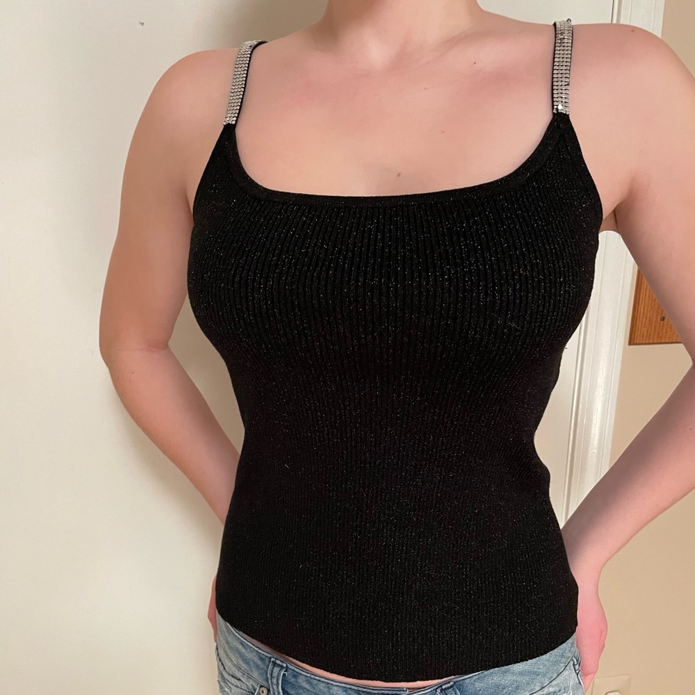 Black bebe Shimmer Knit Tank w Silver Stone Straps Vtg 90s
